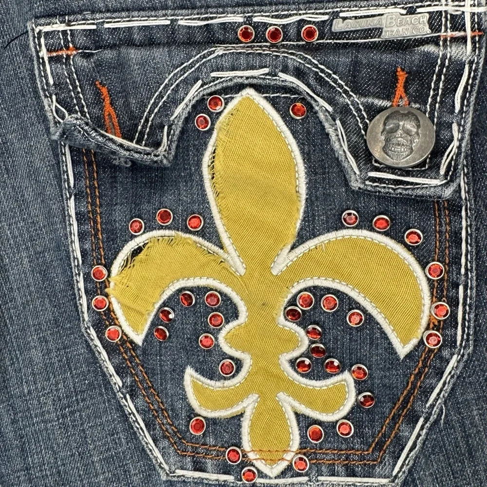 Y2K Laguna Beach Shorts 32 Fleur De Lis Embroidered Denim 2000s Rare